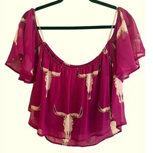 Westerncore Cowgirl Boho Festival Womens Small Pink Magenta Steer Skull Crop Top